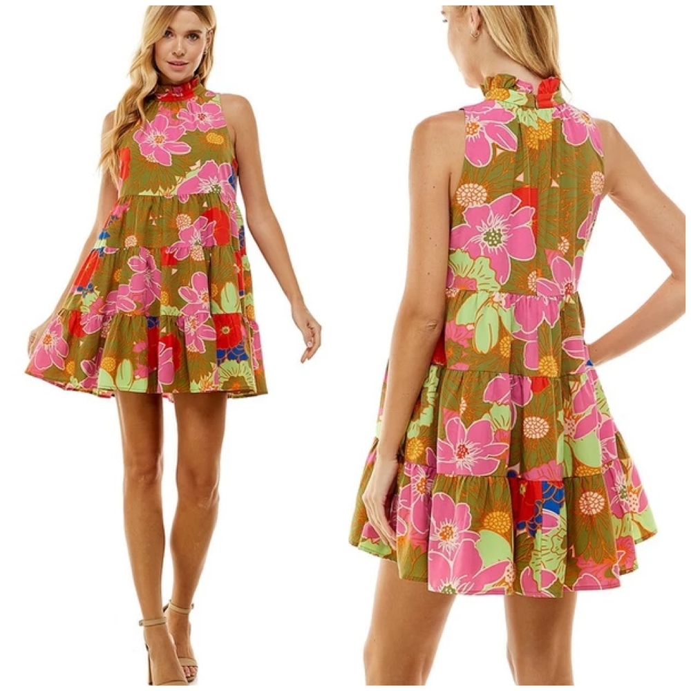 TCEC Floral Mock Neck Tiered Short Swing  Dress - Picture 3 of 5